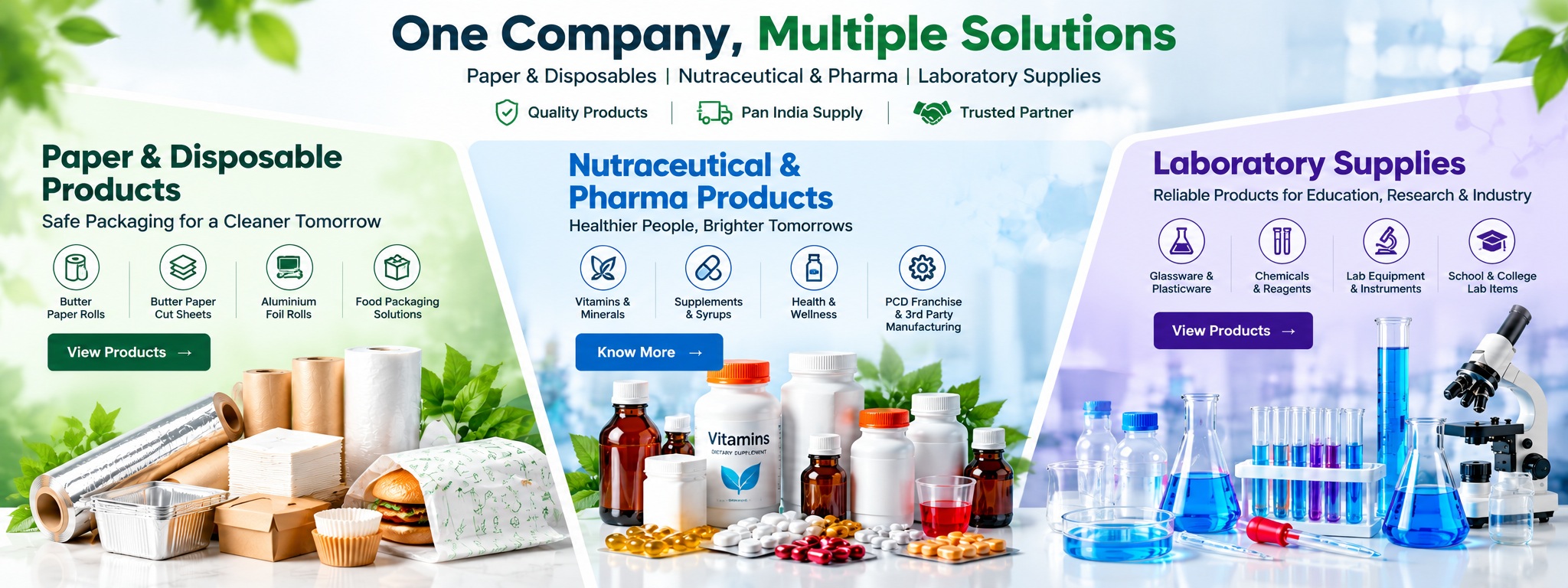 Paper and disposable products, nutraceutical and pharmaceutical products, and laboratory supplies
